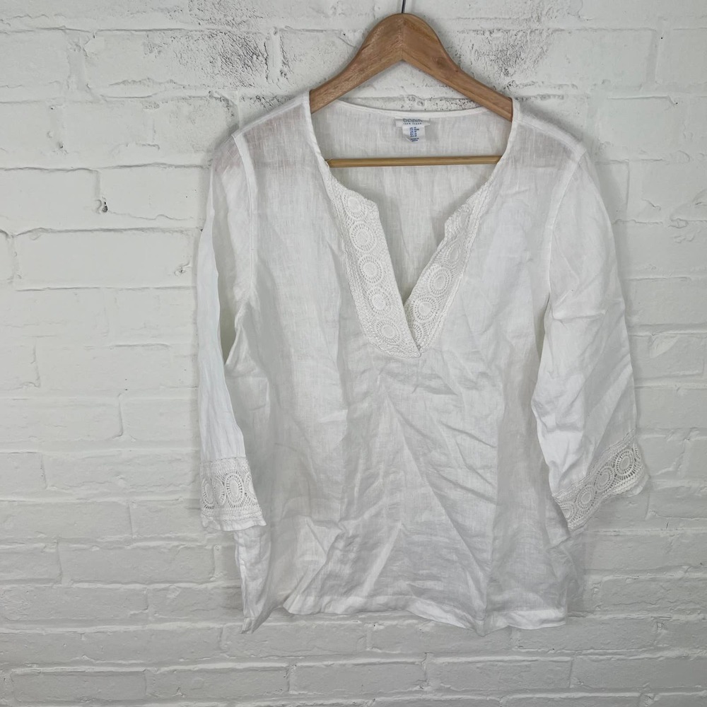 Sigrid Olsen Women's Linen with Lace Trim Blouse 3/4 Sleeve Solid White Size M